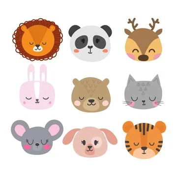Set of cute hand drawn smiling animals. Cat, bunny, lion, panda, tiger, dog.. Stock Illustration