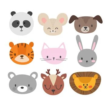 Set of cute hand drawn smiling animals. Cat, bunny, panda, lion, tiger, dog.. Stock Illustration