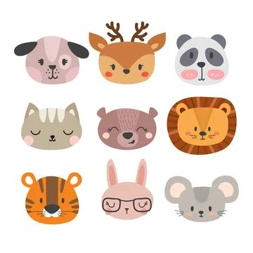 Set of cute hand drawn smiling animals. Cat, lion, panda, dog, tiger, deer,.. Stock Illustration
