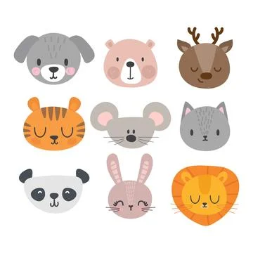 Set of cute hand drawn smiling animals. Cat, deer, panda, tiger, dog, lion,.. Stock Illustration