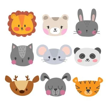 Set of cute hand drawn smiling animals. Cat, lion, panda, tiger, dog, deer,.. Stock Illustration