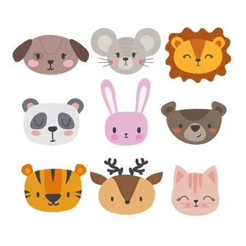 Set of cute hand drawn smiling animals. Cat, panda, tiger, dog, deer, lion,.. Stock Illustration