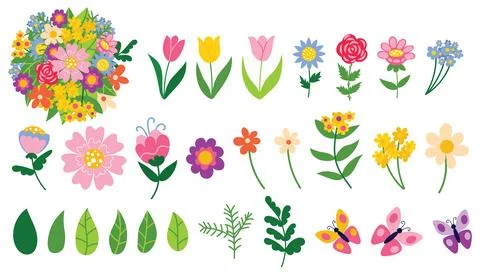Set of cute hand drawn Spring flowers and butterflies. Many bright and beauti Stock Illustration