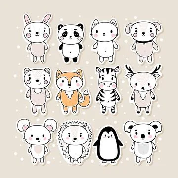 Set of cute hand drawn stickers with animals. Funny cartoon characters. Bun.. Stock Illustration