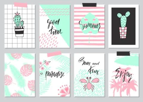 Set of cute hand drawn summer cards, background. Holiday, travel, vacation th 스톡 일러스트