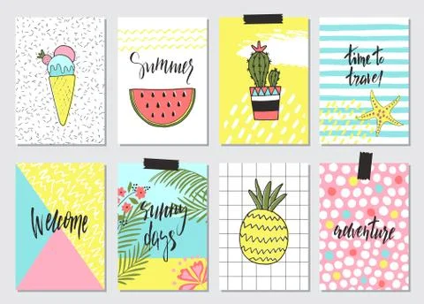 Set of cute hand drawn summer cards, background. Holiday, travel, vacation theme Stock Illustration