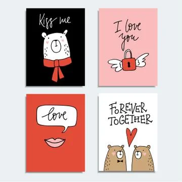 Set of cute hand drawn Valentines day or wedding cards, invitations with couple Stock Illustration