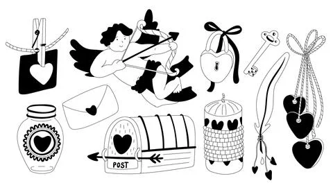 Set with cute hand drawn Valentine's day decorations doodle. Stock Illustration