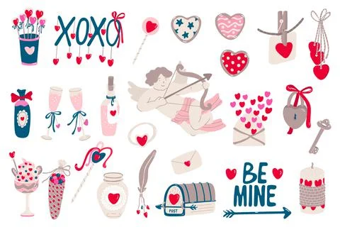 Set with cute hand drawn Valentine's day decorations and lettering. Stock Illustration