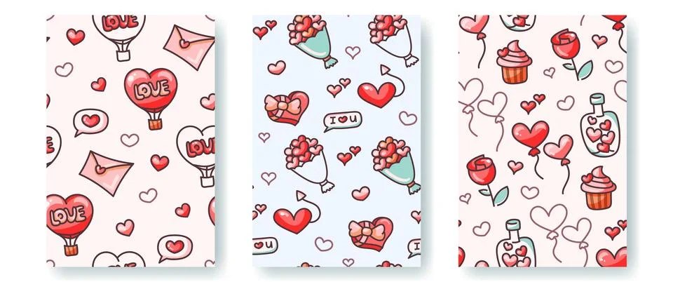 Set of cute hand drawn Valentines Day seamless patterns. Stock Illustration