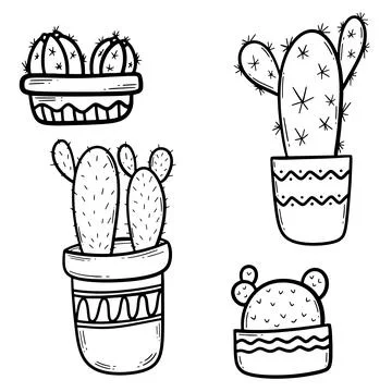 Set of Cute hand drawn vector cactuses in the pots. Simplere vector hand drawn Stock Illustration