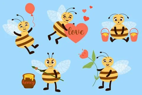 Set Cute Happy Bee Balloon Honey Pot Heart Cartoon Style Emotions Kids Illu.. Stock Illustration