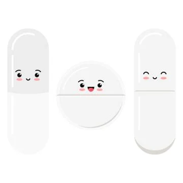 Set of cute happy smiling different form white drug pills and capsule isolate Stock Illustration