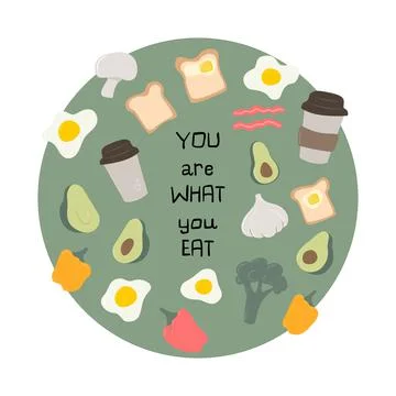 Set of cute healthy breakfast vector food. Card with text Stock Illustration