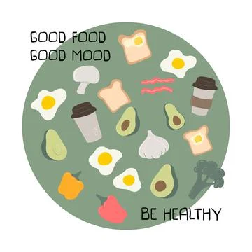 Set of cute healthy breakfast vector food. Card with text Stock Illustration