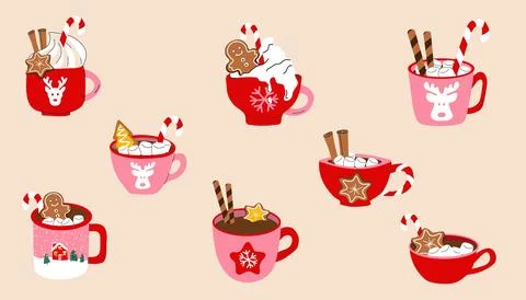 Set of cute holiday mug with a flat cartoon style Stock-Illustration