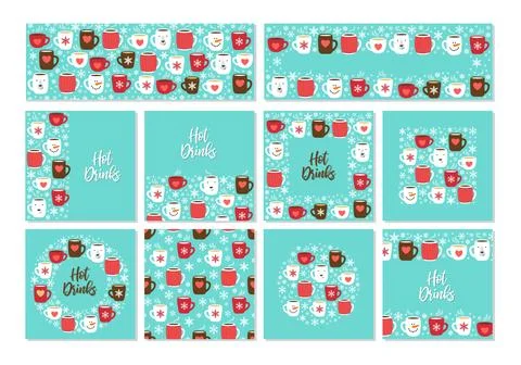 Set of Cute Hot Drinks card background Stock Illustration