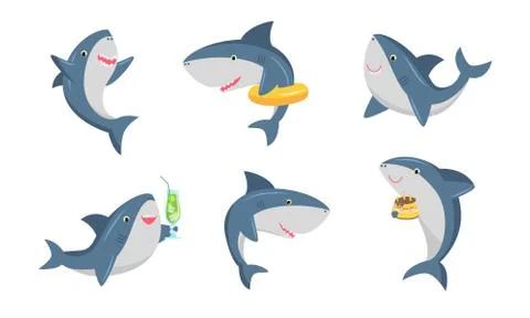 Set of cute humanized shark in different life situations. Vector illustration in Stock Illustration