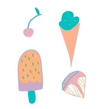 Set of cute ice cream, cherry and orange slices. Clip art food illustrations Stock Illustration
