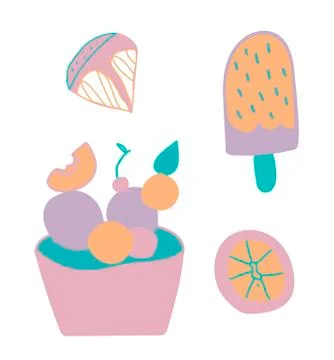 Set of cute ice cream, cherry and orange slices. Clip art food illustrations Stock Illustration