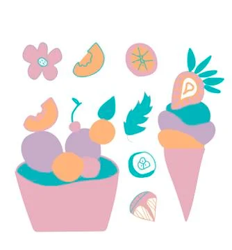 Set of cute ice cream, cherry and orange slices. Clip art food illustrations Stock Illustration