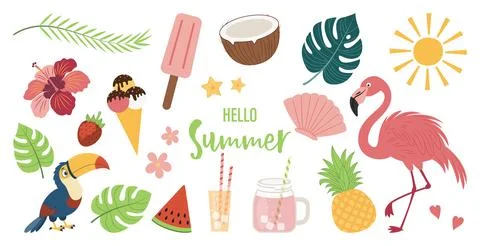 Set of cute icons on the theme Hello summer. Tropical palm leaves, fruits, .. Stock Illustration