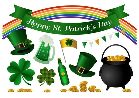 Set of cute illustrations for Happy St. Patrick Day. Vector hand-drawn clip a Stock Illustration
