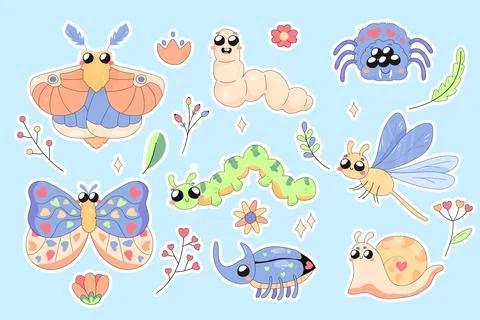 A set of cute insects, bugs, moth, spider, worm, butterfly, for stickers, p.. Stock Illustration