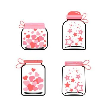 Set of cute jars with hearts and stars. Vector line icons for St. Valentine s Illustrazione stock