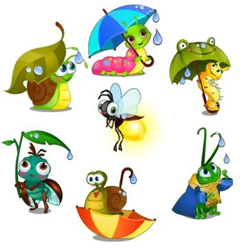 Set of cute joyful insects isolated on white background. Vector cartoon close-up Stock Illustration