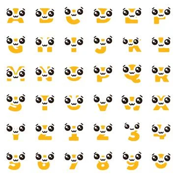 Set of cute kawaii characters in the shape of letters and numbers, vector cli Stock Illustration