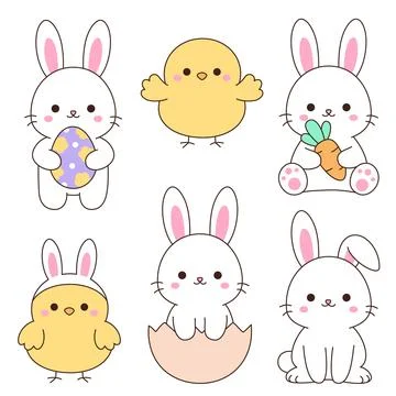 Set of cute kawaii Easter bunny and chick characters in various poses on wh.. Stock Illustration