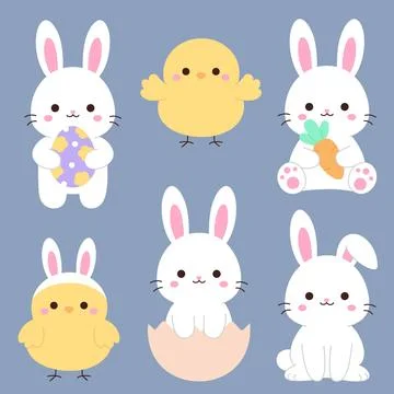 Set of cute kawaii Easter bunny and chick characters in various poses on li.. Stock Illustration