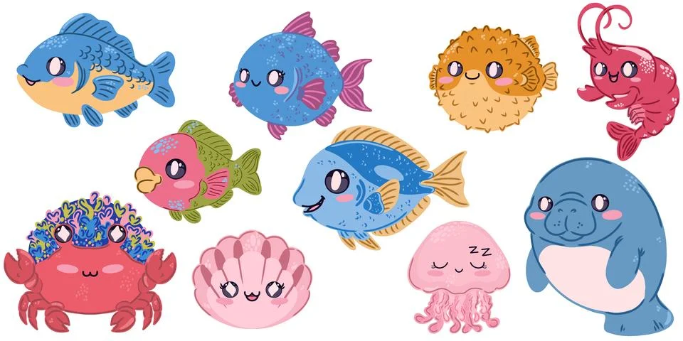 A set of cute, kawaii flat illustrations of sea creatures and fish. Perfect f Stock Illustration