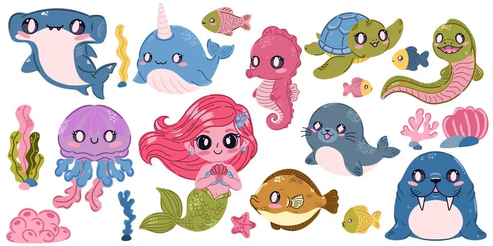 A set of cute, kawaii flat illustrations of sea creatures and fish. Perfect f Stock Illustration