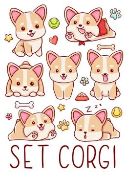 Set cute kawaii hand drawn corgi dog doodles, isolated on white background, c Illustrazione stock