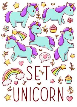 Set cute kawaii hand drawn blue unicorn doodles, isolated on white background Stock Illustration