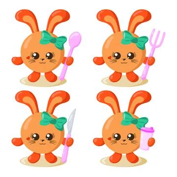Set of cute kawaii hare or rabbit with round body, spoon, fork, knife and cup Stock Illustration