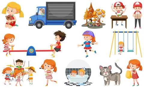 Set of cute kids and objects Ilustración de archivo