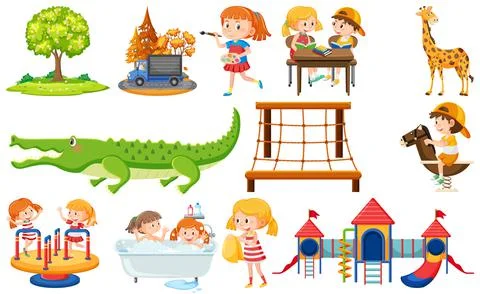 Set of cute kids and objects Ilustração Stock