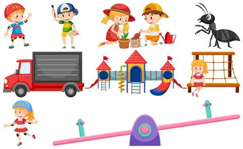 Set of cute kids and objects Ilustración de archivo