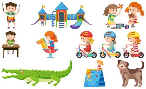 Set of cute kids and objects Stock Illustration