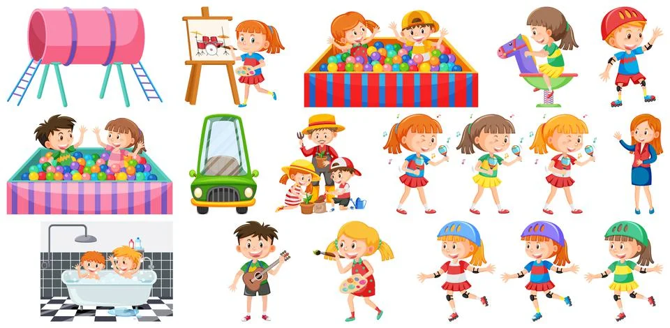 Set of cute kids and objects Ilustração Stock