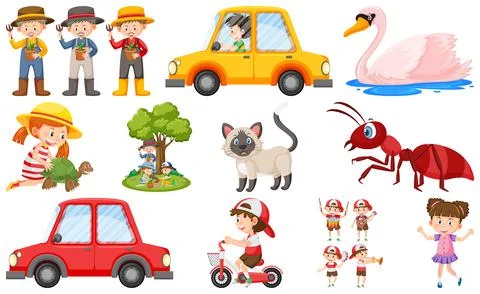 Set of cute kids and objects Ilustración de archivo