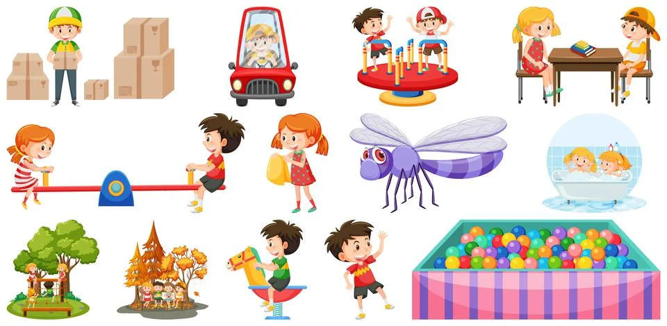 Set of cute kids and objects Ilustración de archivo