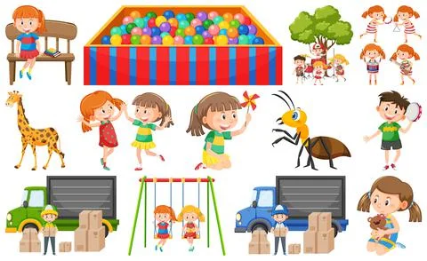 Set of cute kids and objects Stock Illustration
