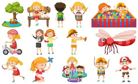 Set of cute kids and objects Stock Illustration