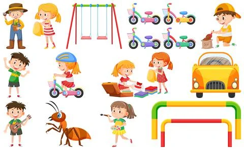 Set of cute kids and objects Ilustração Stock