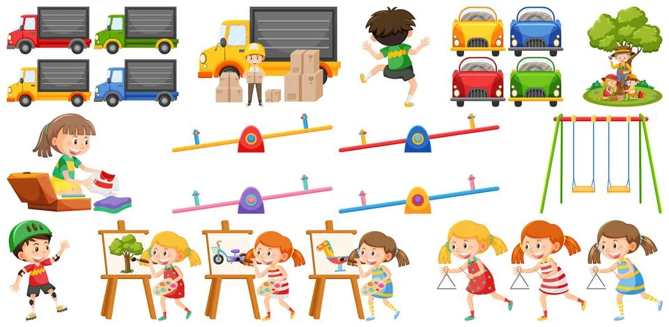Set of cute kids and objects Ilustração Stock