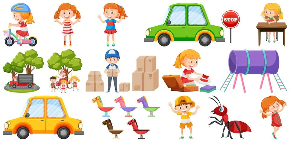 Set of cute kids and objects Ilustración de archivo